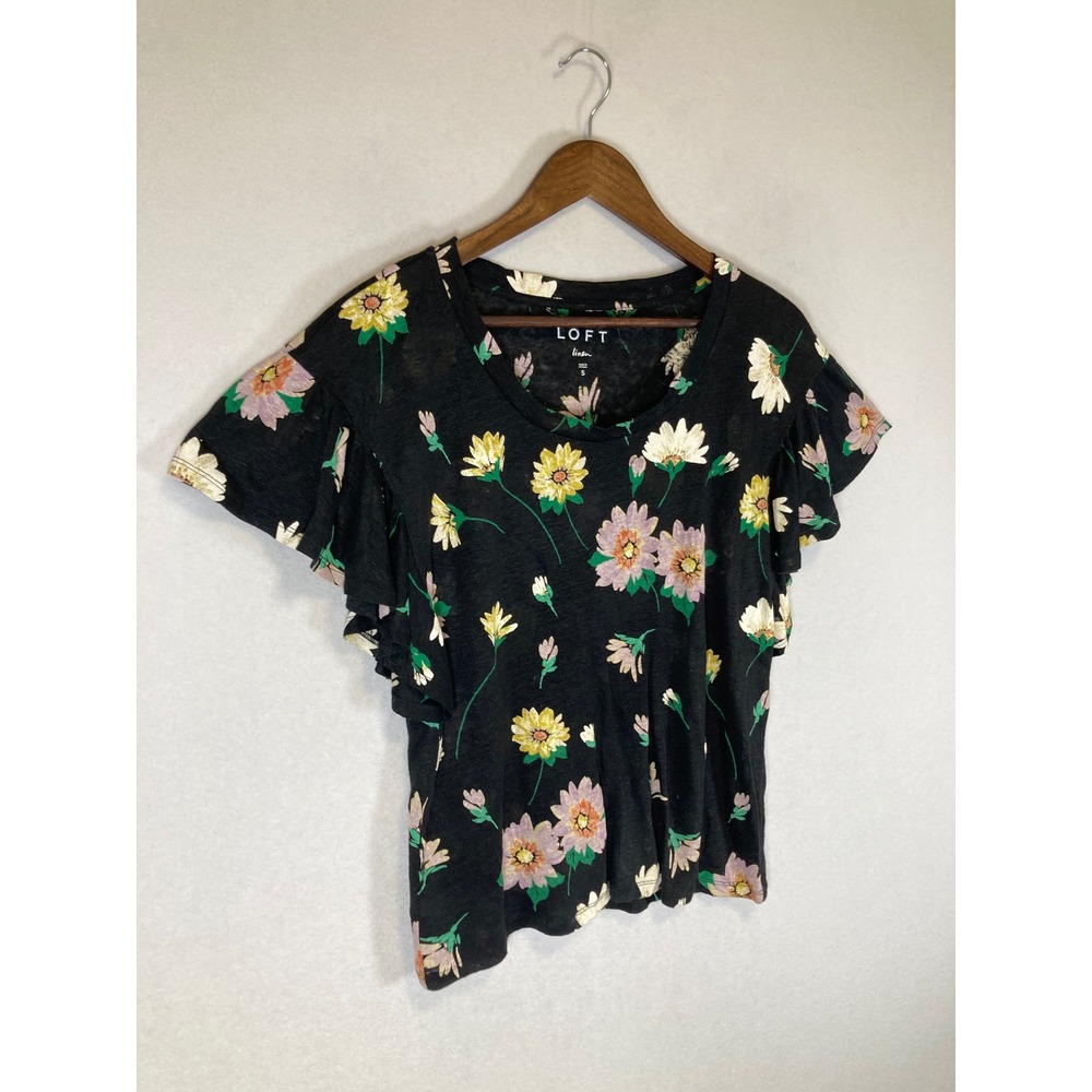 Cottagecore LOFT Women Size S Black Floral 100% Linen Flutter Sleeve Scoop Neck - Picture 9 of 9